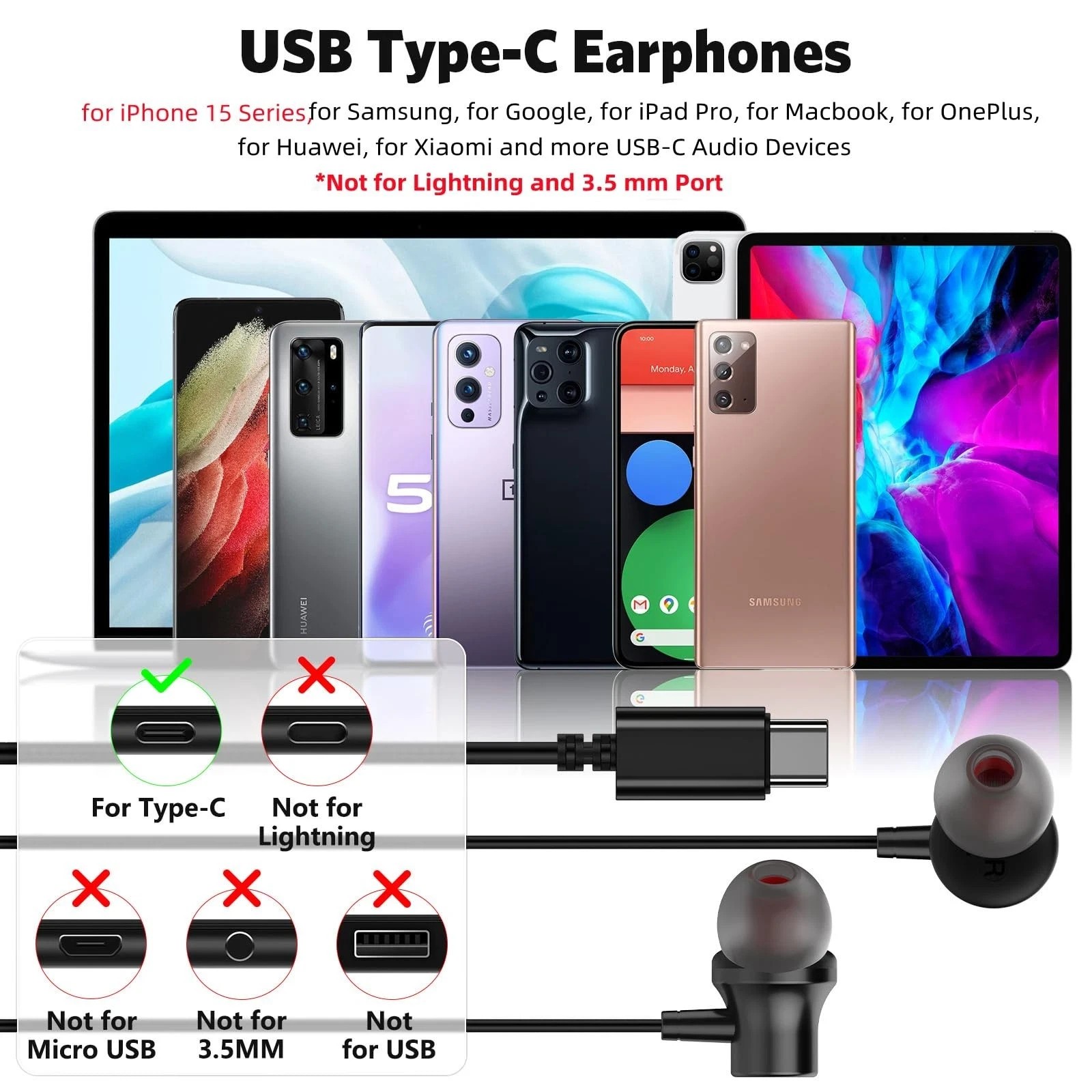 HIFI Bass Stereo Wired Earbuds Headset In-Ear Earphone Headphone MIC USB-C