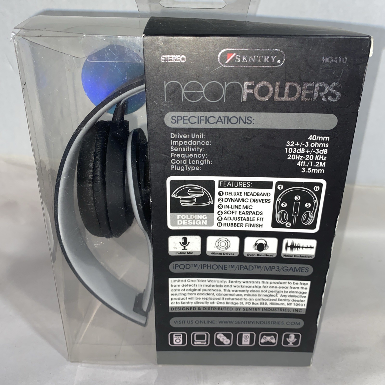 Sentry Neon Folding Headphones w/In-Line Microphones Travel Gray/Black