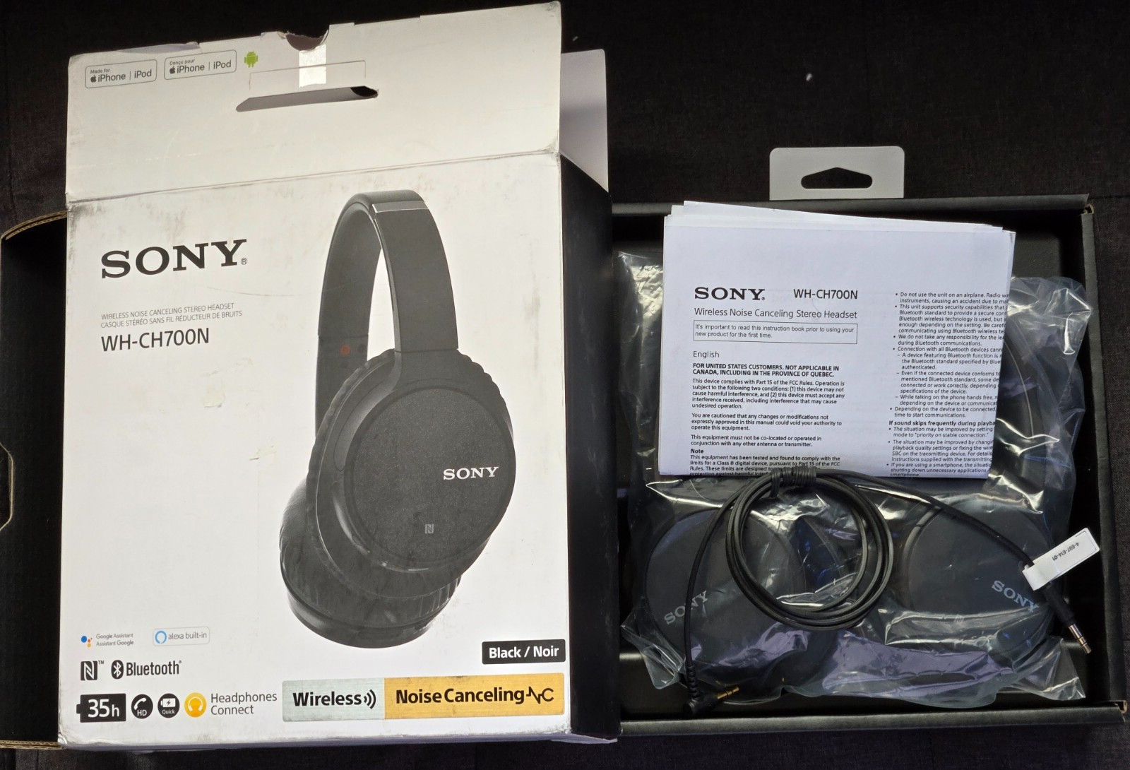 Sony WH-CH720N Wireless Over-Ear Noise Cancelling Headphones Black + Manual Box