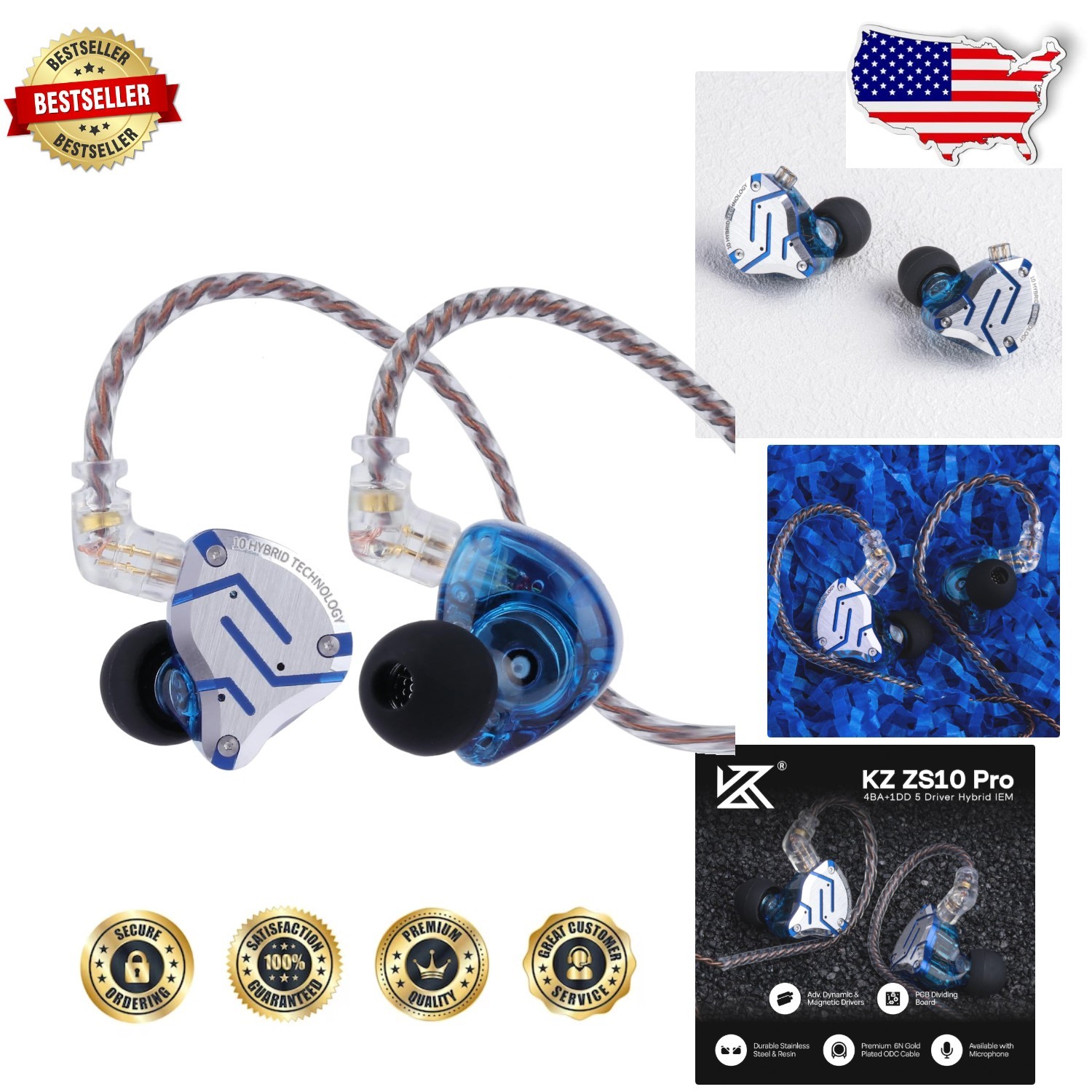 HiFi In-Ear Monitors KZ ZS10 Pro: 5 Driver, 40kHz, Ergonomic Fit, Glare Blue