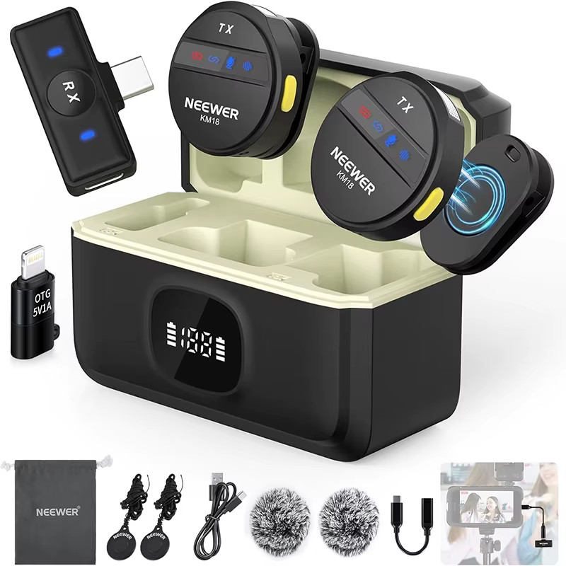 Neewer KM18 Wireless Lav Mic w/Noise Canceling & USB-C Case, 24H 200m for iPhone