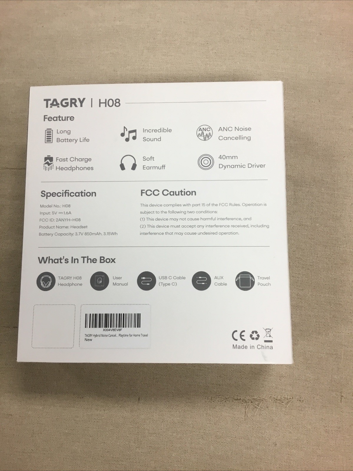 TAGRY H08 Active Noise Cancelling Bluetooth Headphones Over Ear Black New