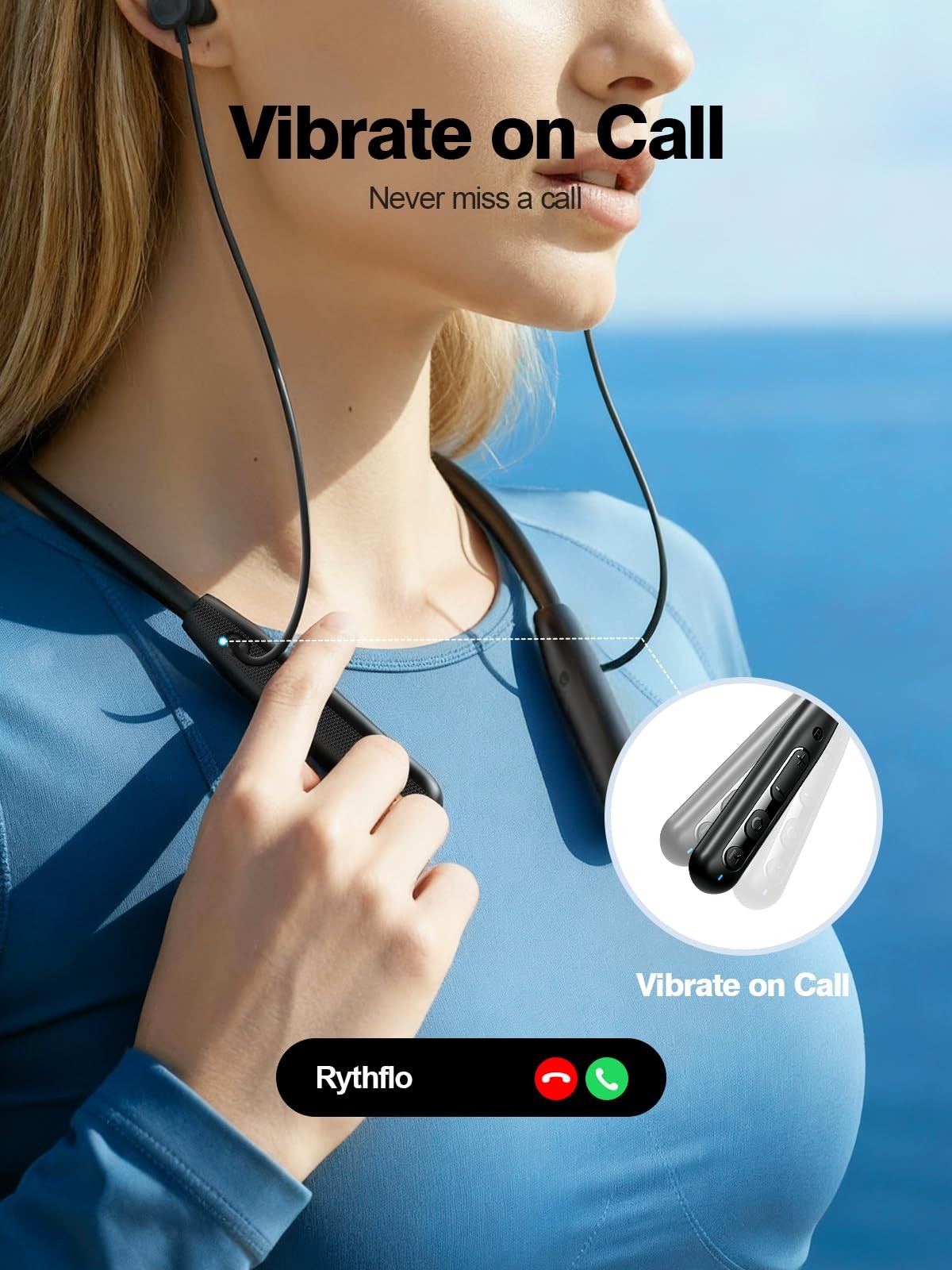 Rythflo Neckband Bluetooth Headphones, ENC IPX7 Sweatproof Sport Small, Black