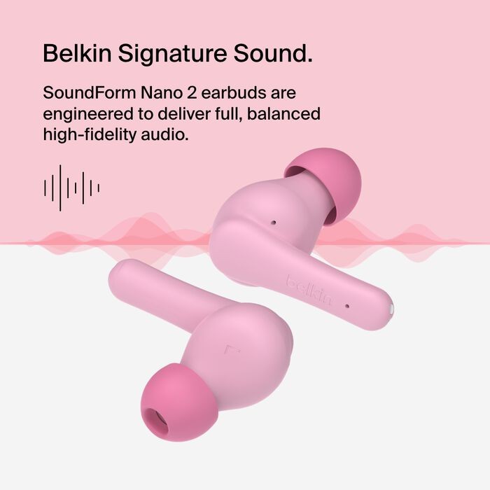 Belkin SoundForm Nano 2 Bluetooth Kids Earbuds – Volume Limited, Sports – Pink