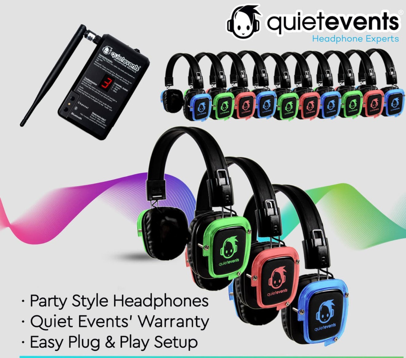 quietevents UHF RF Wireless Silent Disco Over-Ear Headband Headphones Colors