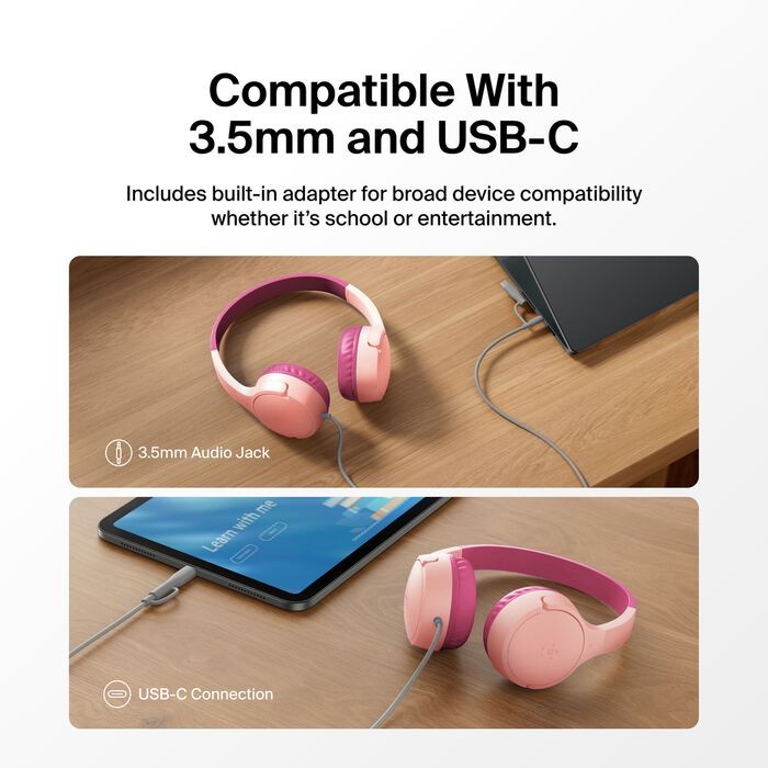 Belkin Kids Headphones Wired, Volume Limited, USB-C 3.5mm Parents Trusted – Pink