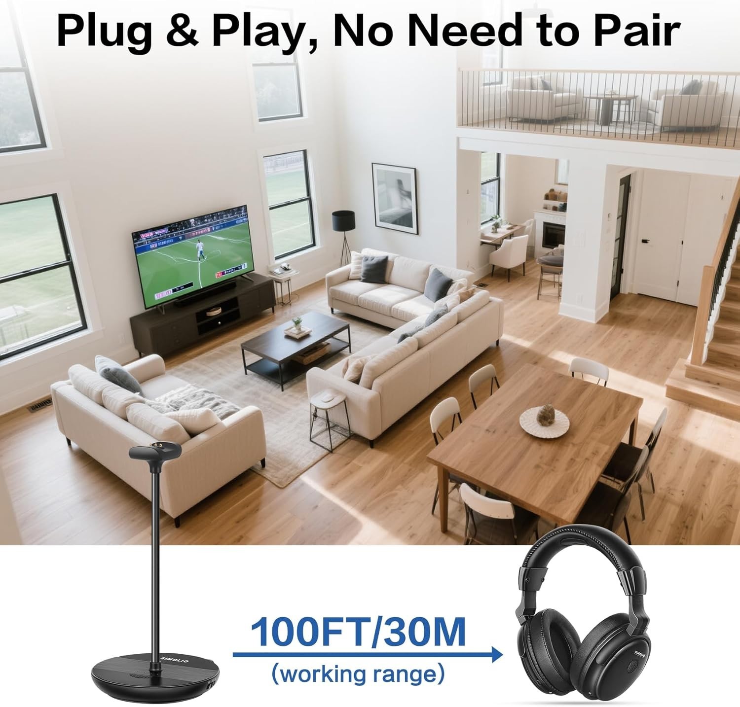 SIMOLIO Wireless TV Headphones 2.4G with Transmitter Charging Dock, Clear Dialog