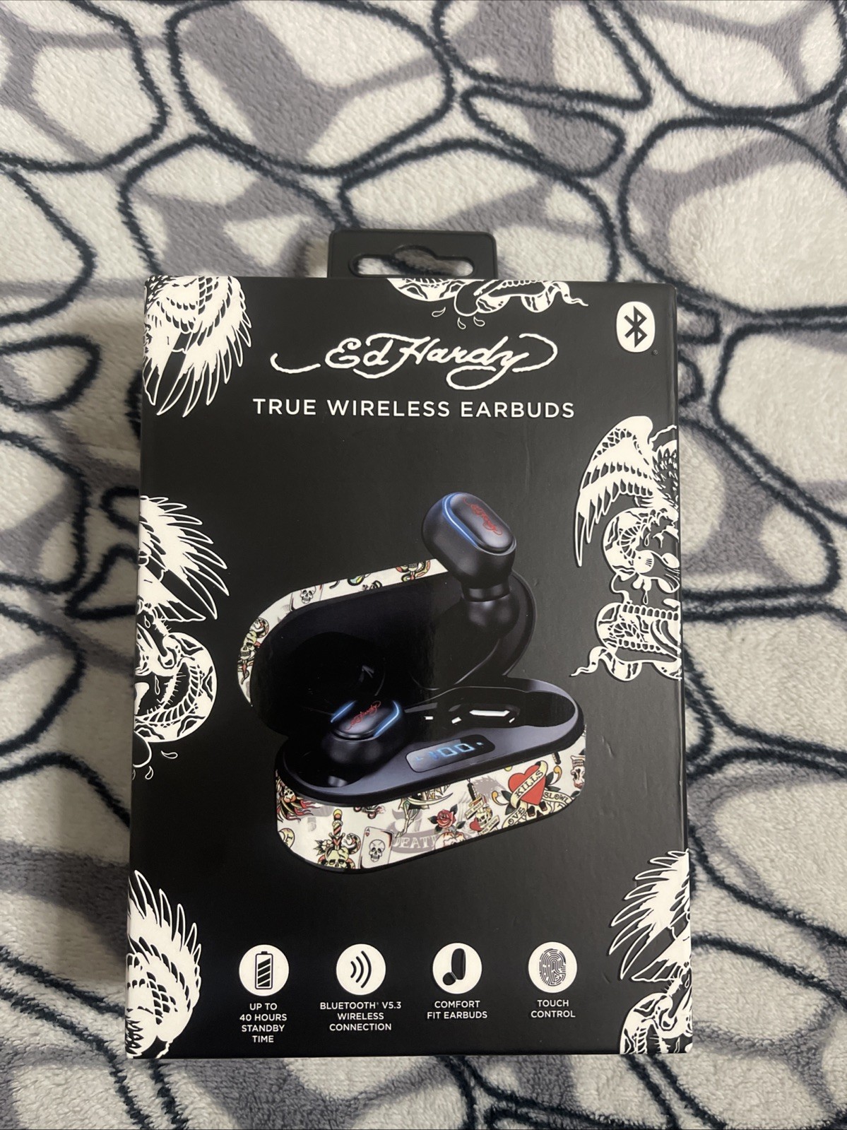 Ed Hardy True Wireless Bluetooth In-Ear Earbuds w/ Touch & Mic, Black/White