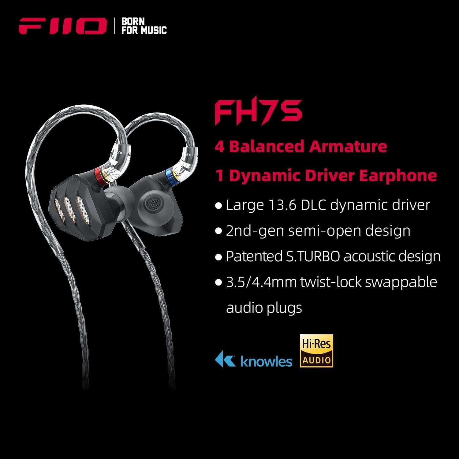 FiiO FH7S in-Ear Earphones High-Performance 1DD+4BA Hybrid IEM Earbuds w/3.5&4.4