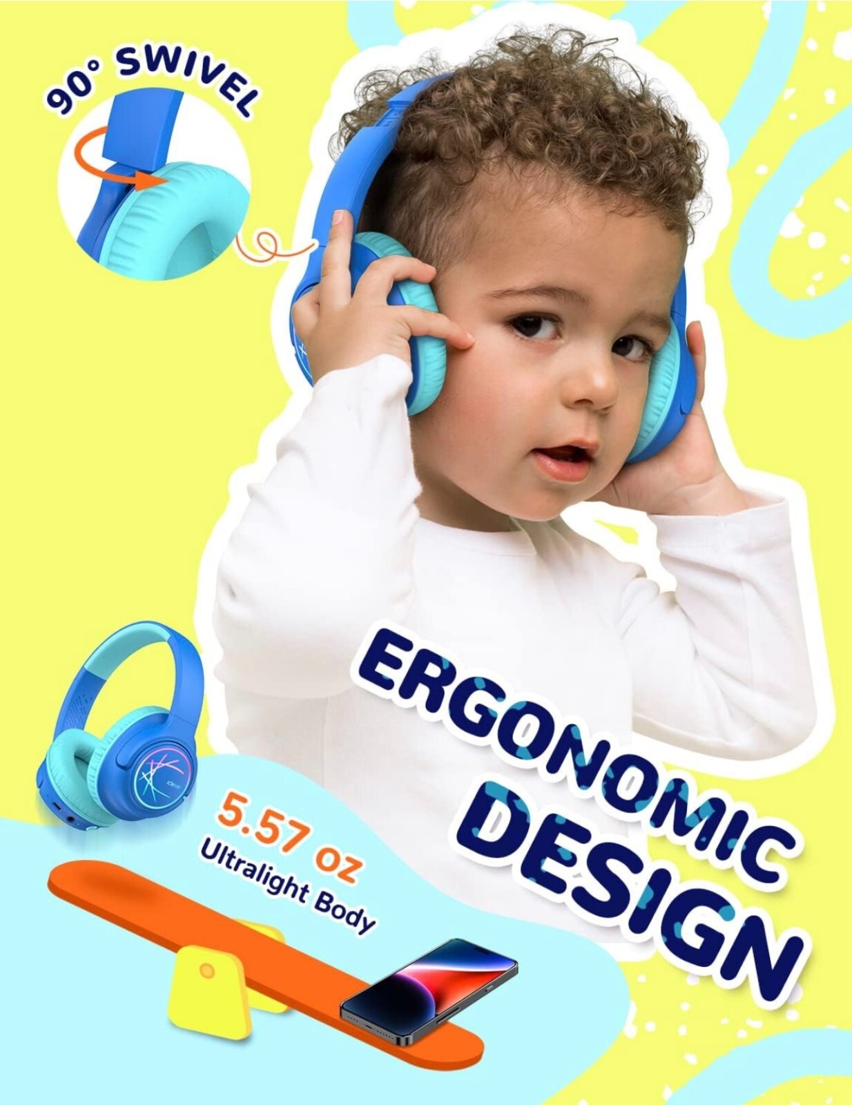 iClever Kids BTH18 Bluetooth 5.3 Headphones LED Lights Safe Volume Brand New!