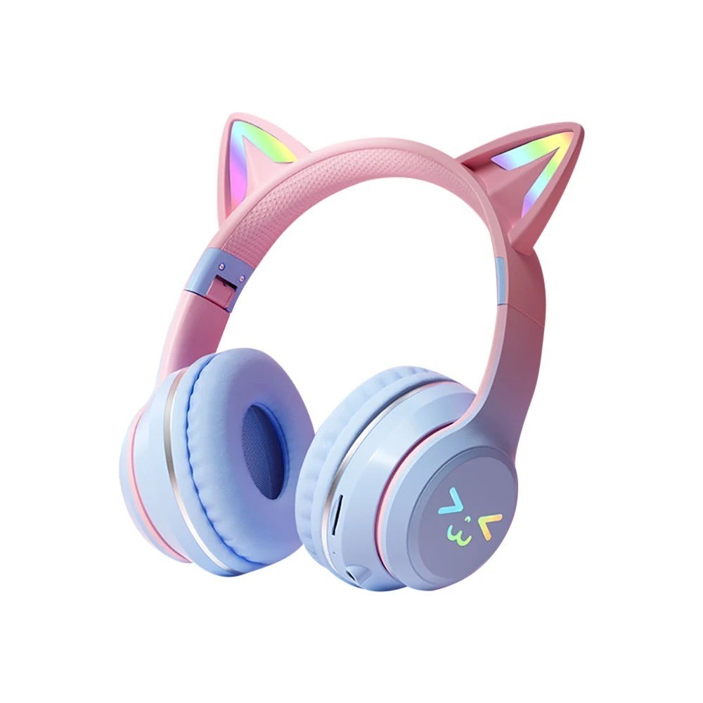 Kids Cat Ear Bluetooth Headphones Wireless LED Light Up Foldable Headset w/ Mic
