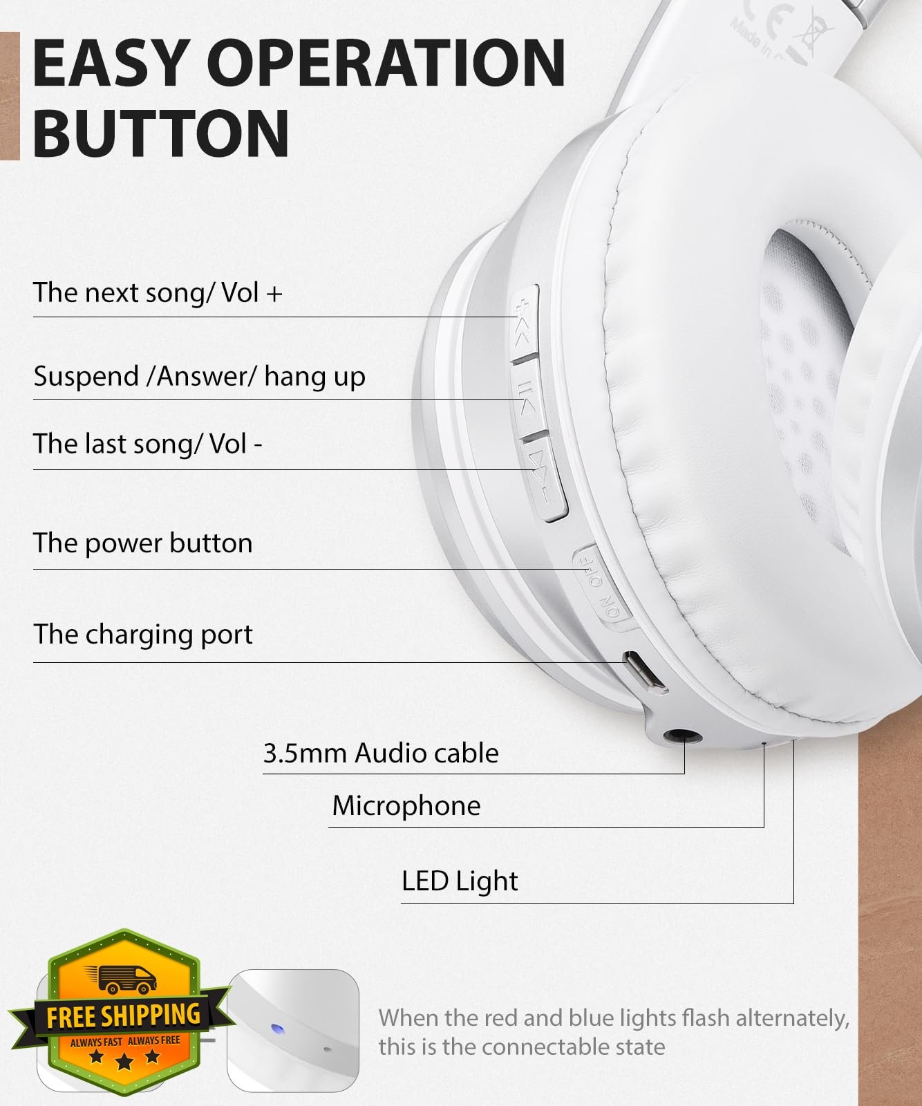 rockpapa E8 Over Ear Bluetooth Headphones Silver Kid Adult Foldable