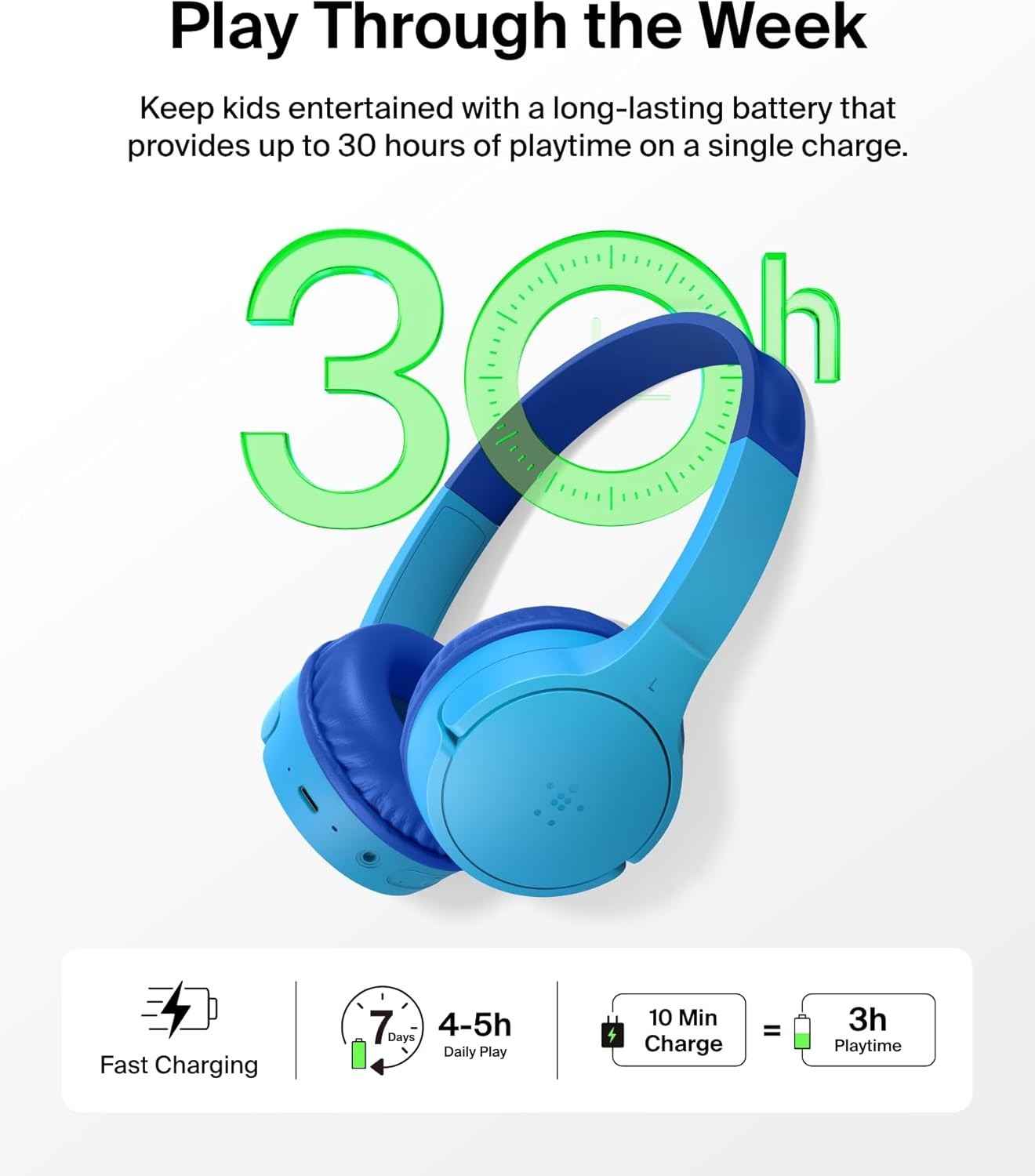 Belkin Wireless Kids Headphones, Volume Limited, 30H Fast Charge, School, Blue