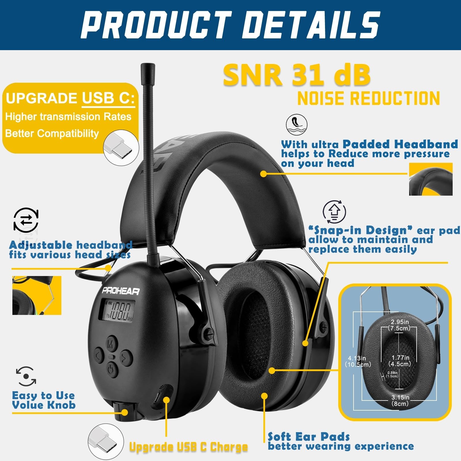 AM FM Bluetooth Radio Headphones – USB C Rechargeable, 2000mAh Battery, 58Hrs Pl