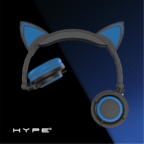 Hype Wired Blue LED Cat Ear Headphones, with mic  Ages 15+ Dynamic Stereo Sound.