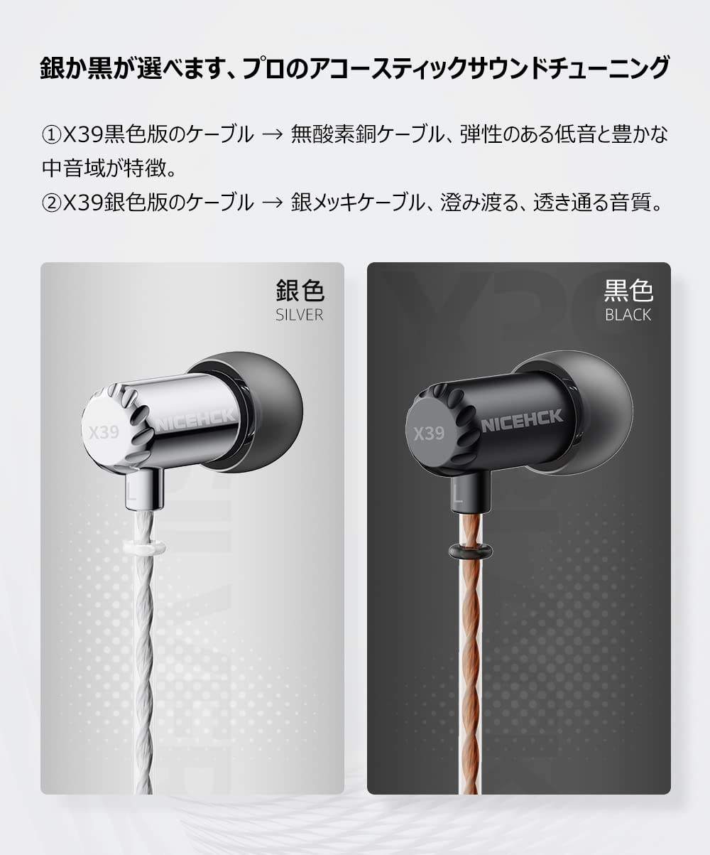 NICEHCK X39 6mm Titanium Dynamic In-Ear Earphones Silver Metal Housing Cable