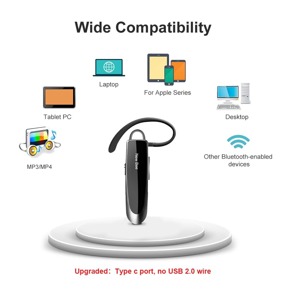 Bluetooth Earpiece V5.0 Wireless Handsfree Headset with Microphone 24 Hrs