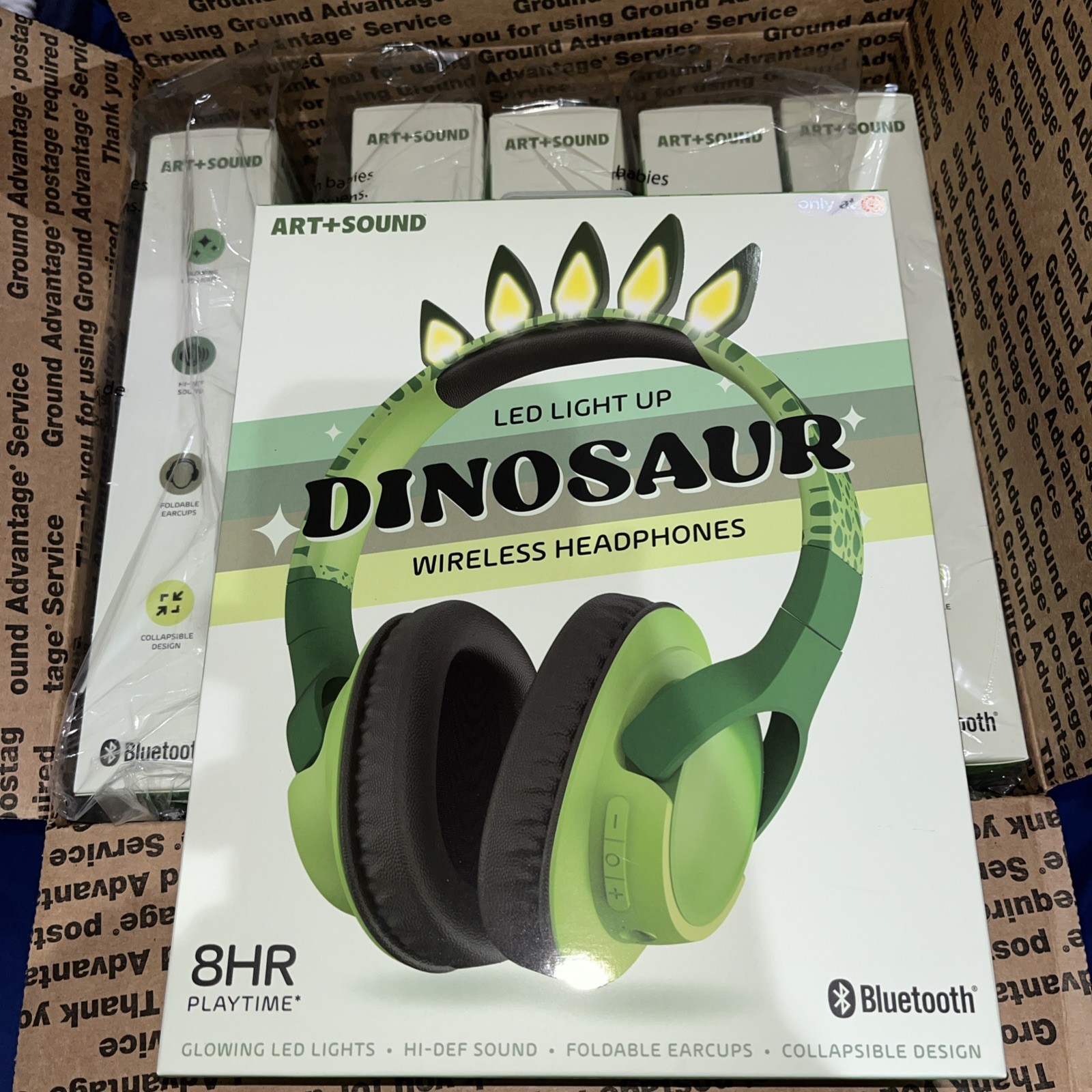 Lot of 6 – Art + Sound LED Light Up Dinosaur Wireless Headphones – New