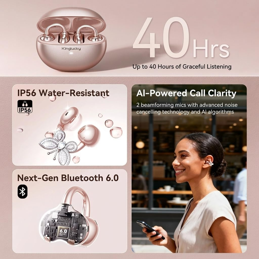 Clip-On Open Ear Earbuds with Detachable Butterfly Earrings, Bluetooth 6.0 Wirel