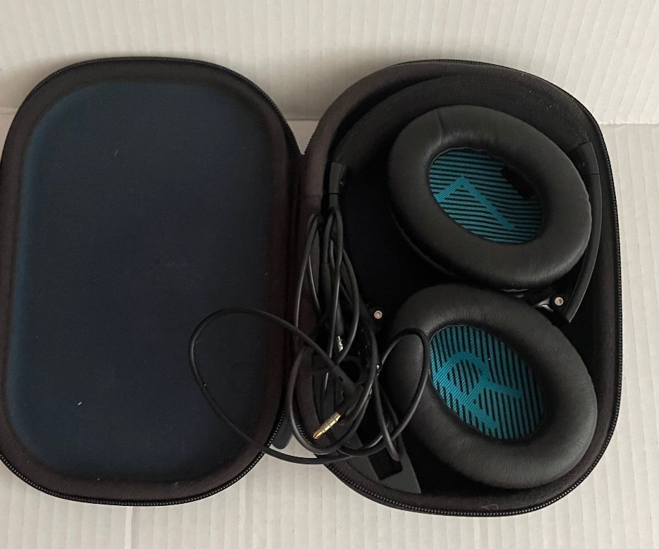 Bose QuietComfort QC25 Noise Cancelling Headphones Graphite/Blue W/ Case Tested