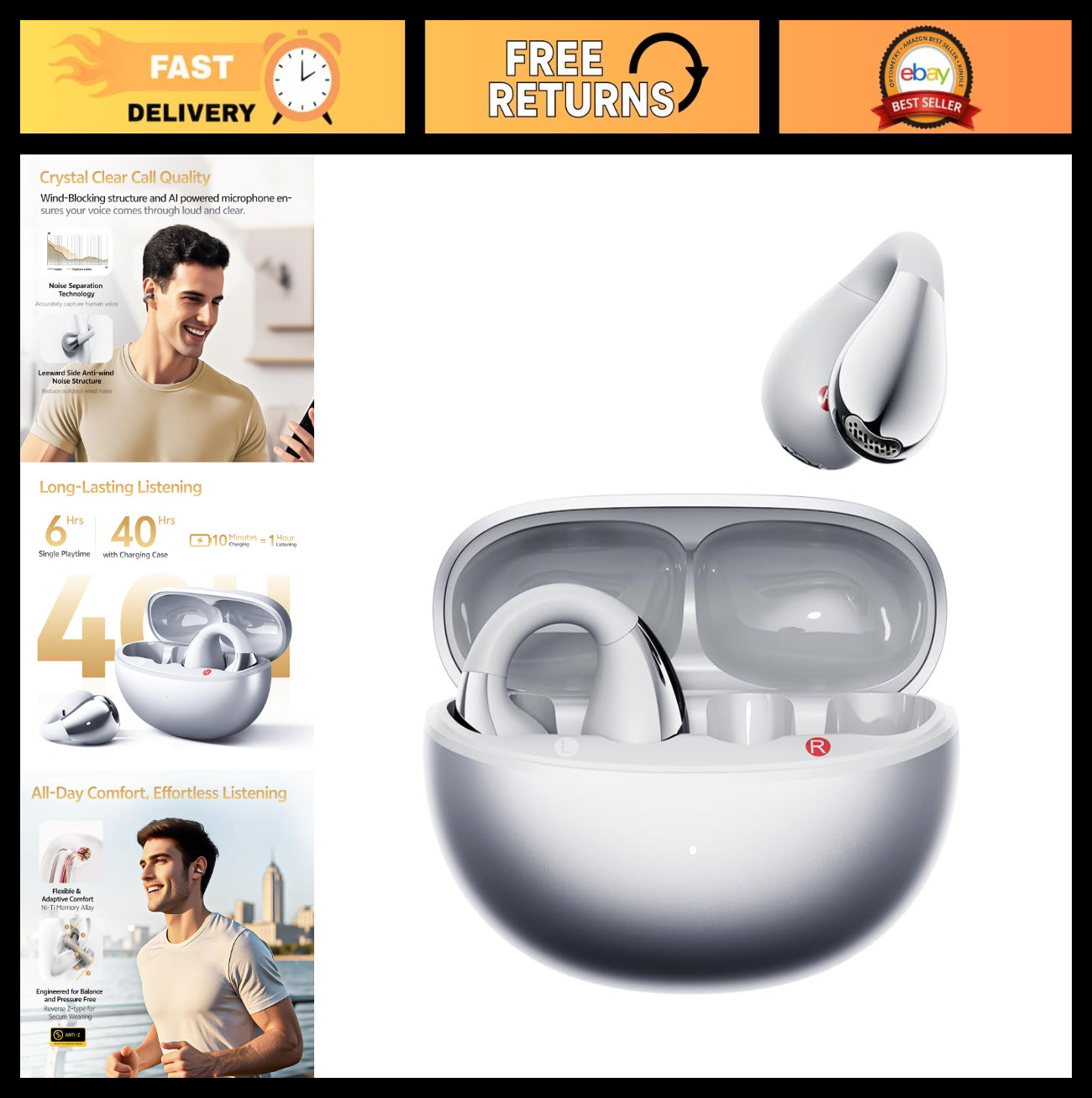 Wireless Open Ear Bluetooth Earbuds, Hi-Res Audio, Deep Bass, 40H Playtime, IPX5