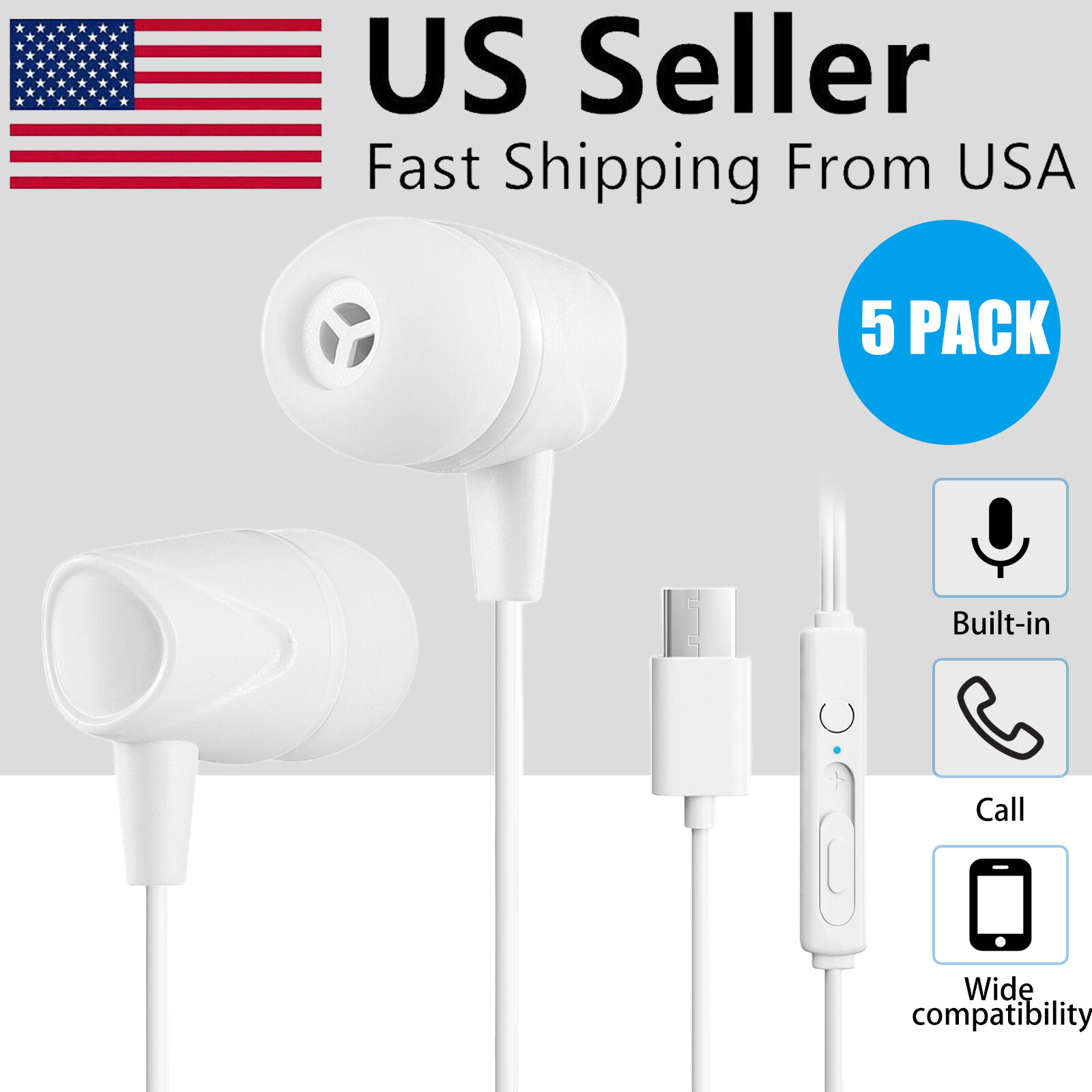 5 Pack USB Type-C Wired Headphones In-ear Headset Earphones w/Mic Universal New