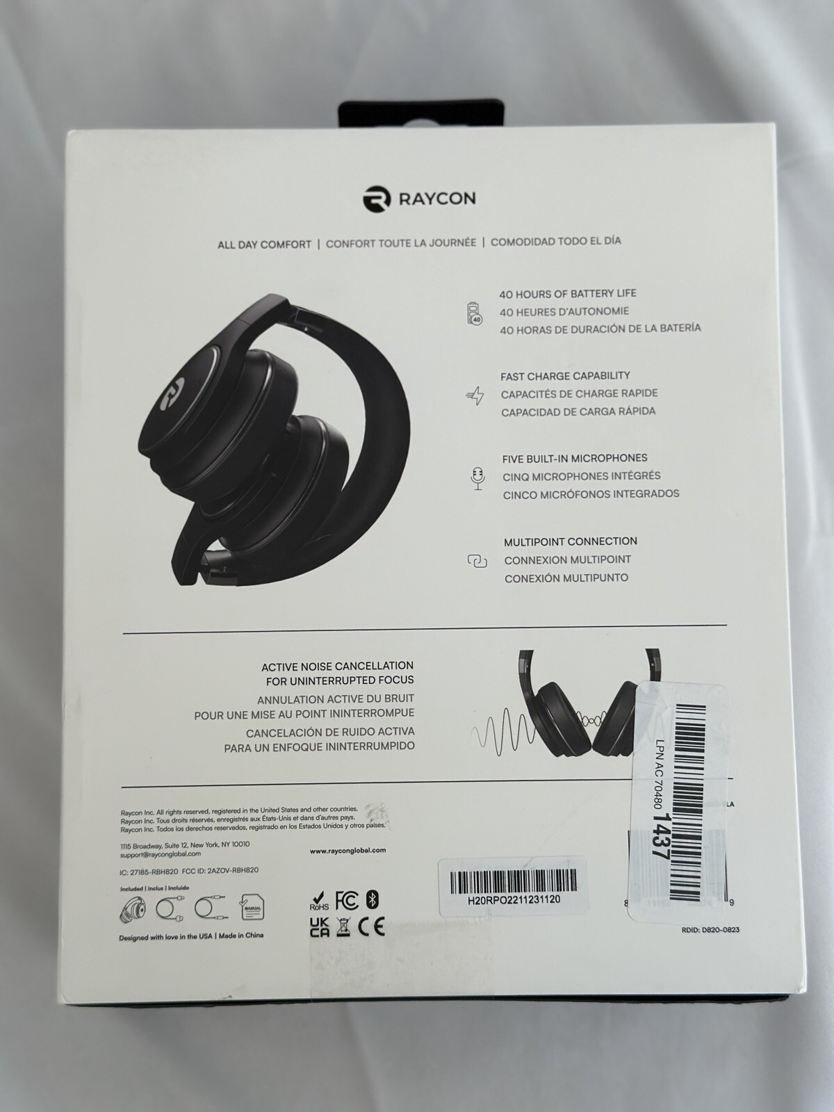 Raycon RBH820-BlK H20 Wireless Noise-Cancelling Over-the-Ear Headphones – Black