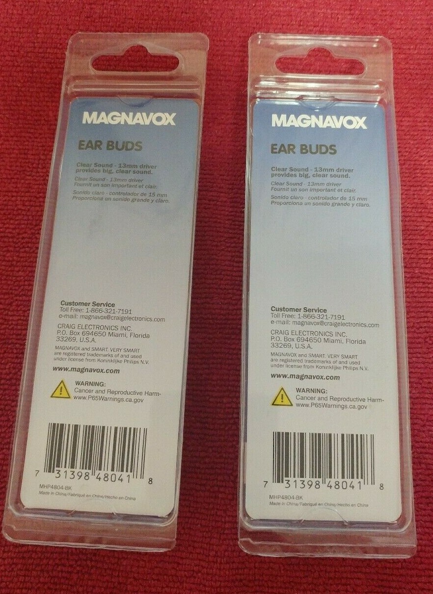 2 Count Magnavox MHP4804-BK Clear Sound Ear Buds Black 13 mm Driver 3.5 mm Jack
