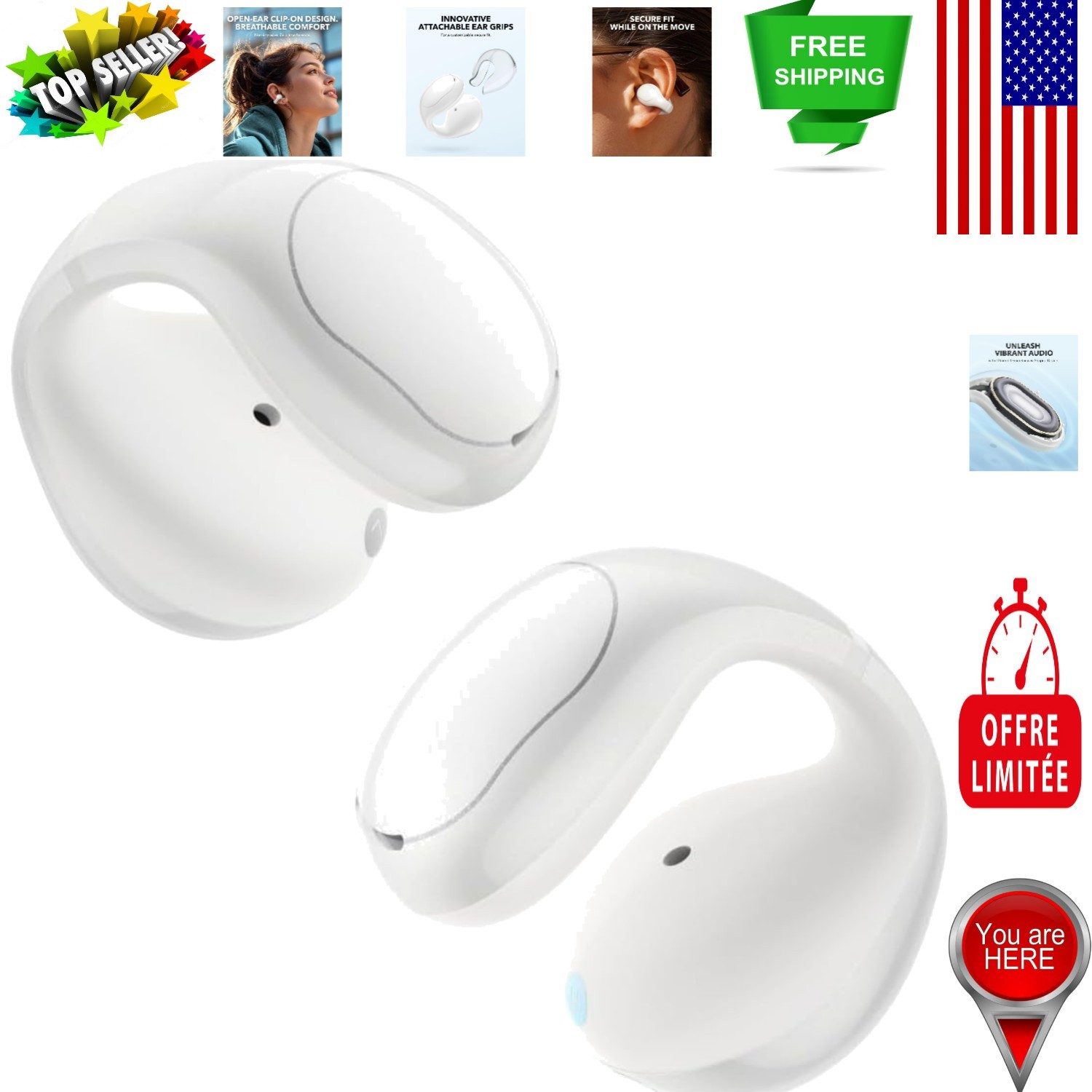 C30i Open-Ear Bluetooth Earbuds: Lightweight Clip-On, 30H Play, Water-Resistant