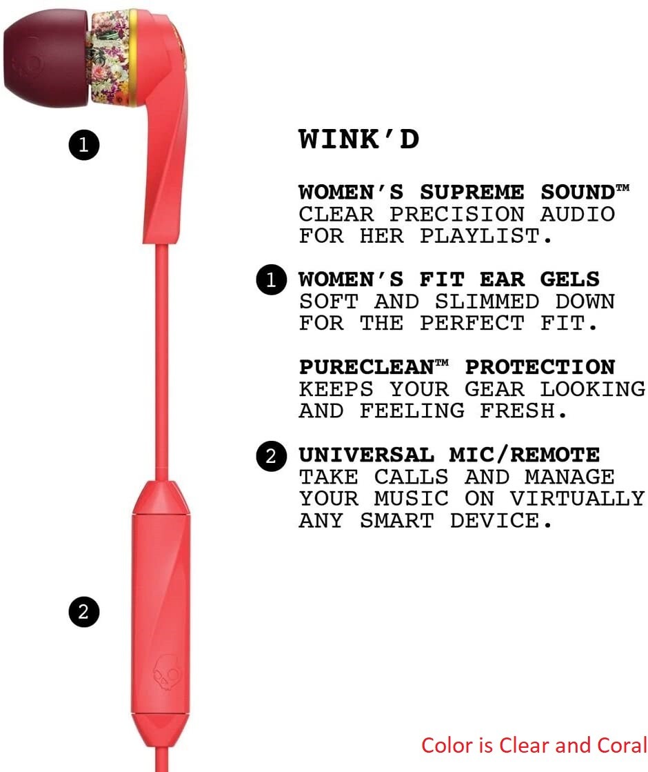Skullcandy Wink’d Women’s Earbuds in Mash-up/Clear/Coral with Mic – New