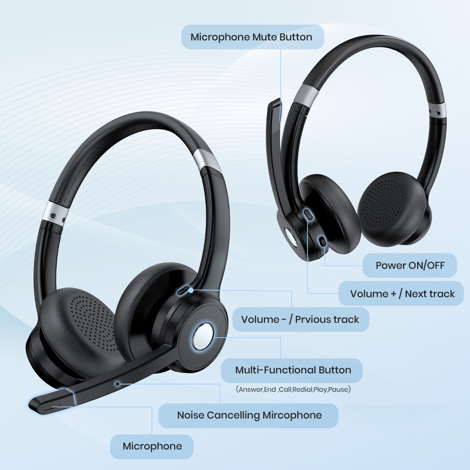 Wireless Bluetooth Headset w/ Mic Noise Cancellation For Phones PC Skype Meeting