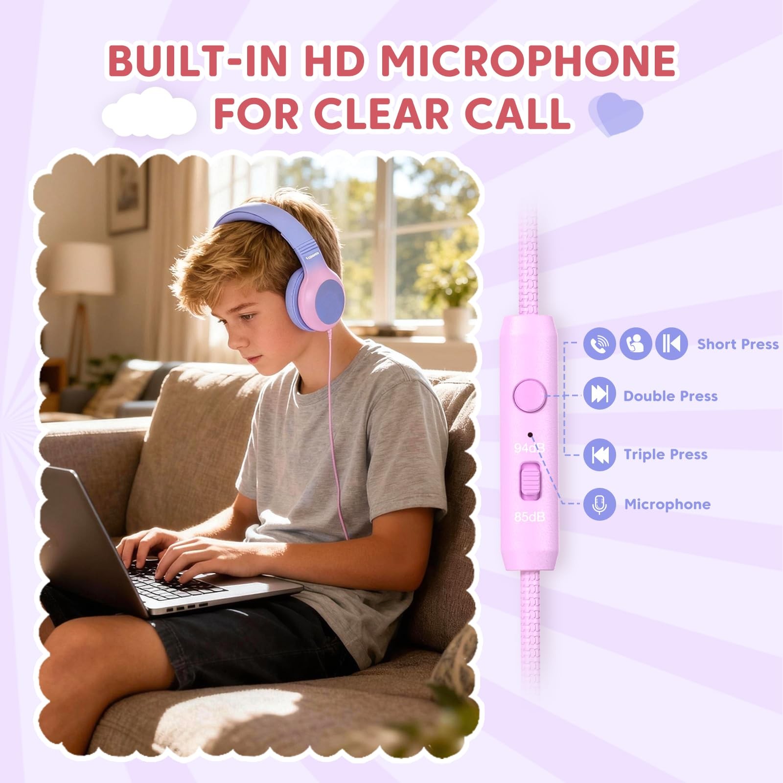 USB Headphones, Wired Headphones for with Microphone, 85/94dB Volume Limit, S…