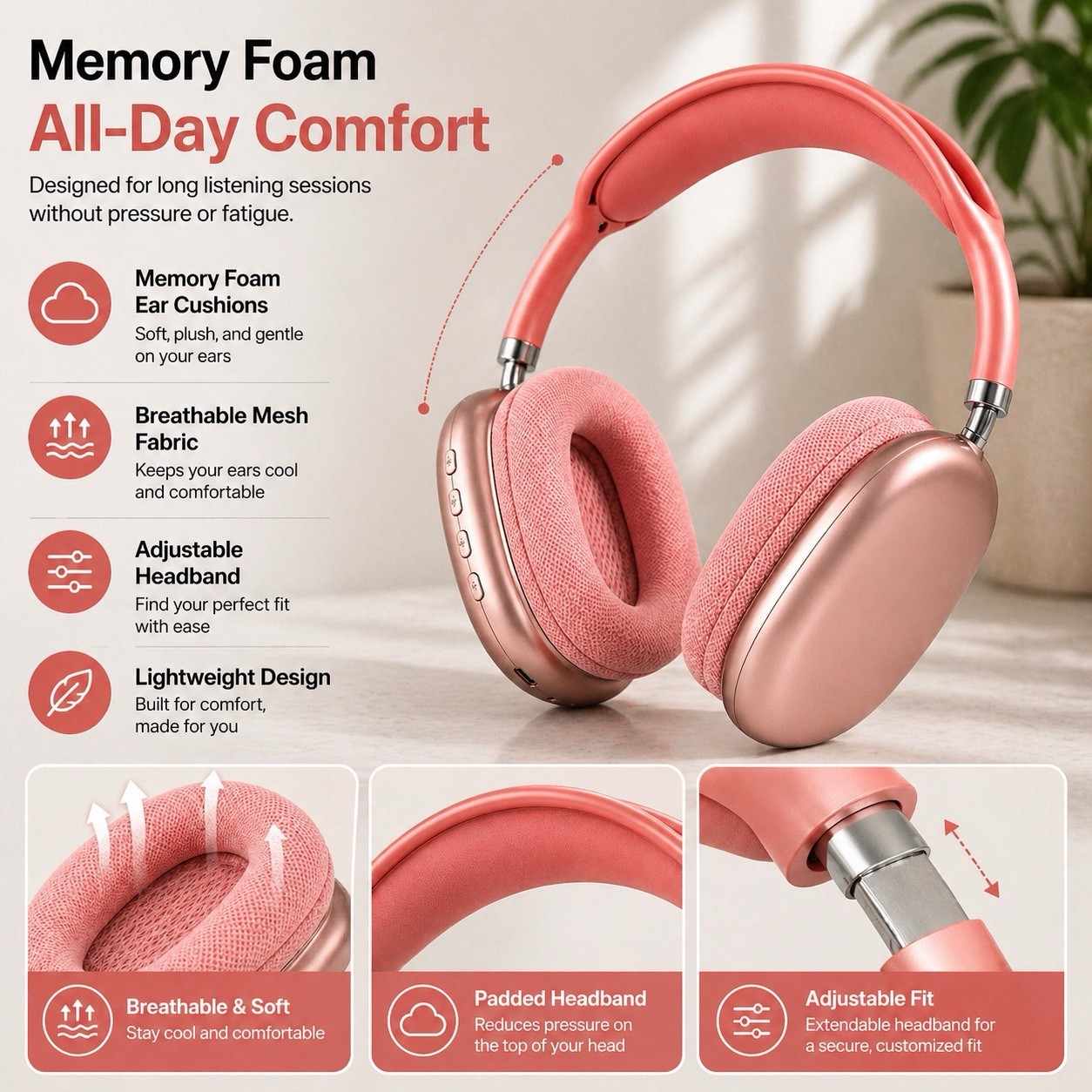New P9 PRO MAX Headphones Noise Cancelling Bluetooth Earphones Red