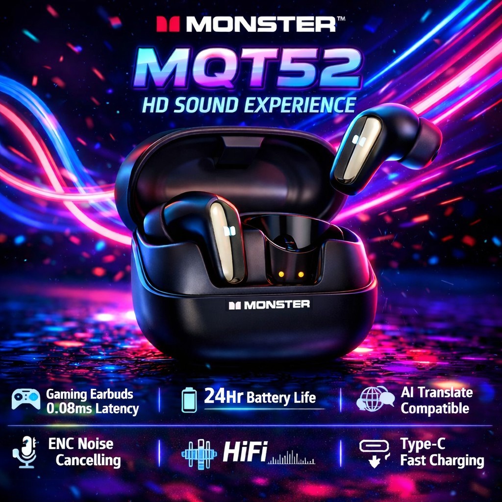 Monster QT52 Gaming/Music/Call Earbuds Noise Canceling Black beats 24hr ios andr