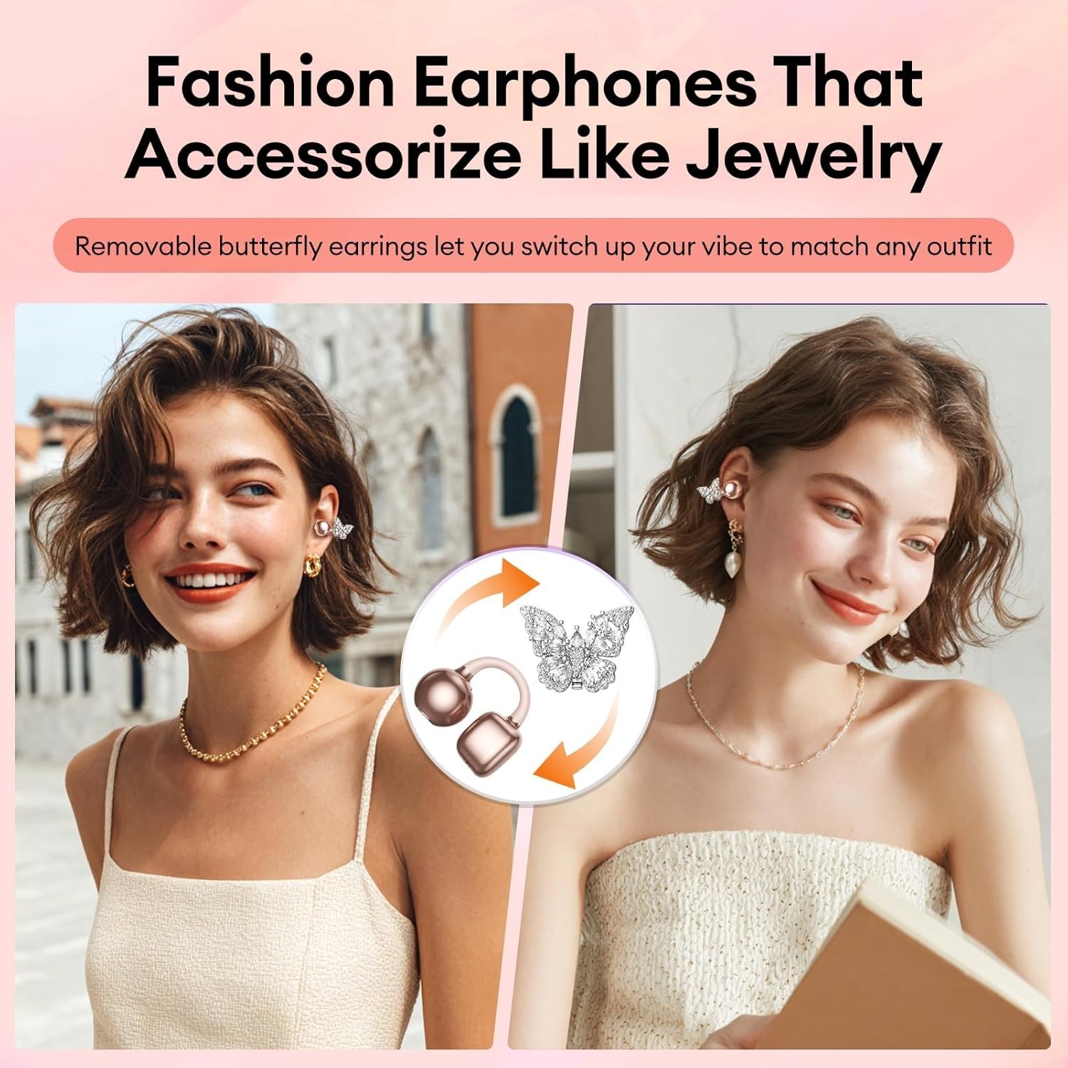 Bling Open Ear Clip On Earbuds with LED Display & Crystal Butterfly Earrings,…