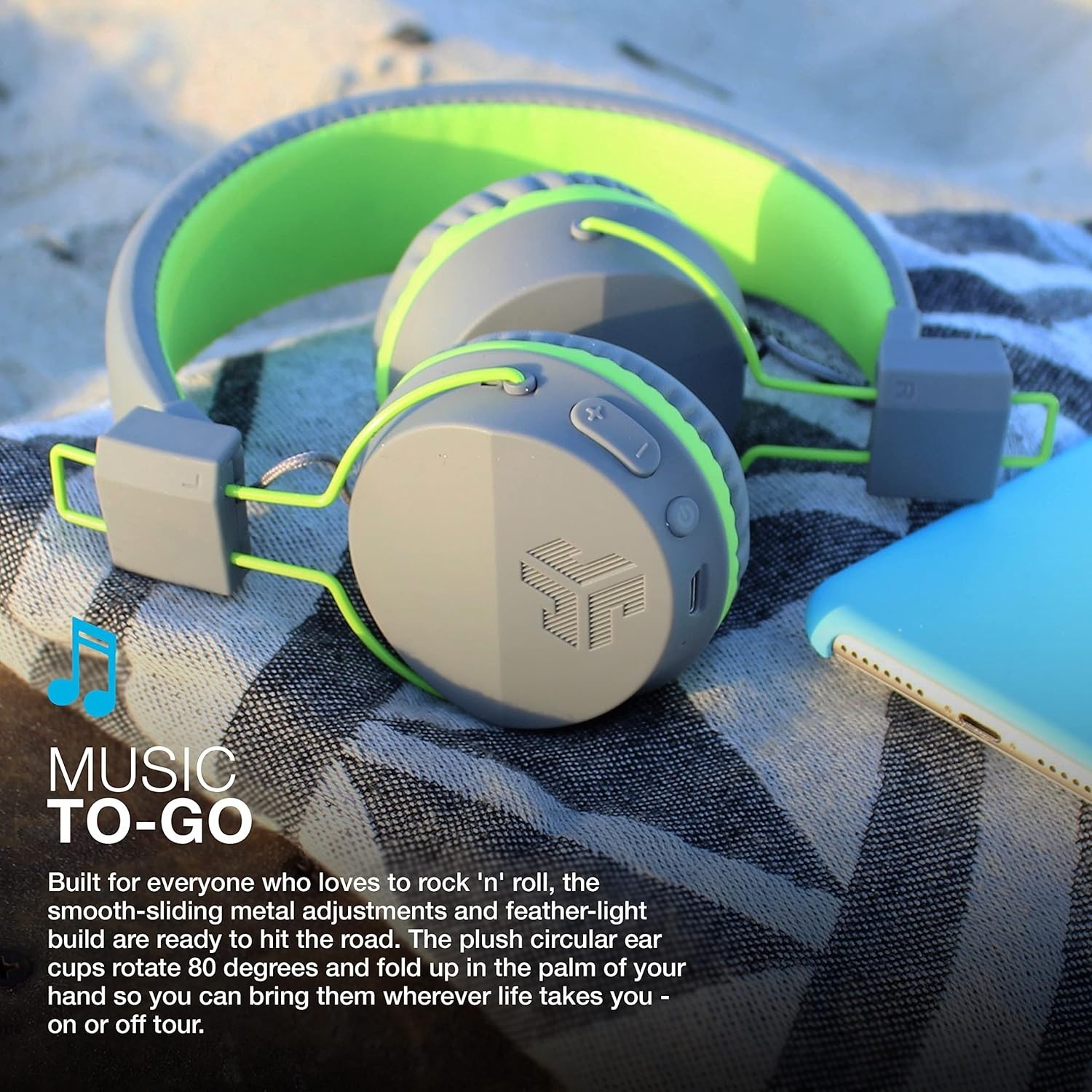 JLab Audio Neon Bluetooth Folding Headphones w/ Universal Mic – Gray/Green