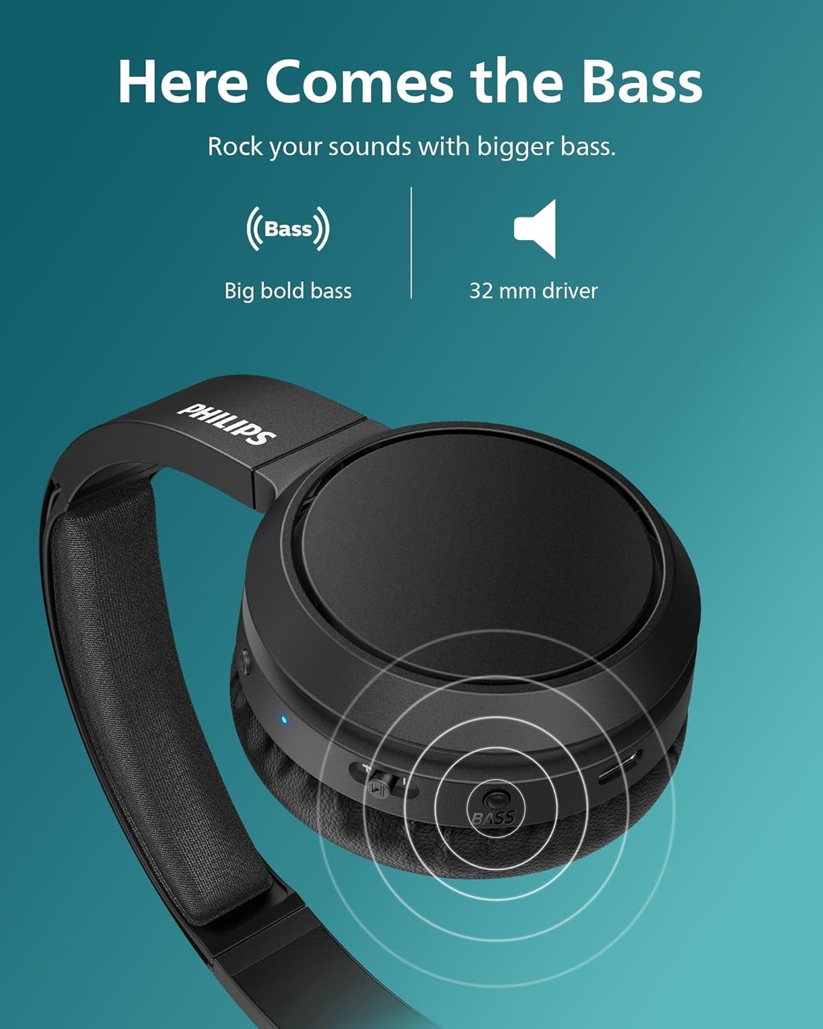 PHILIPS On-Ear Headphones, Bass Boost, 32mm Drivers, 29Hr Battery time, H4205