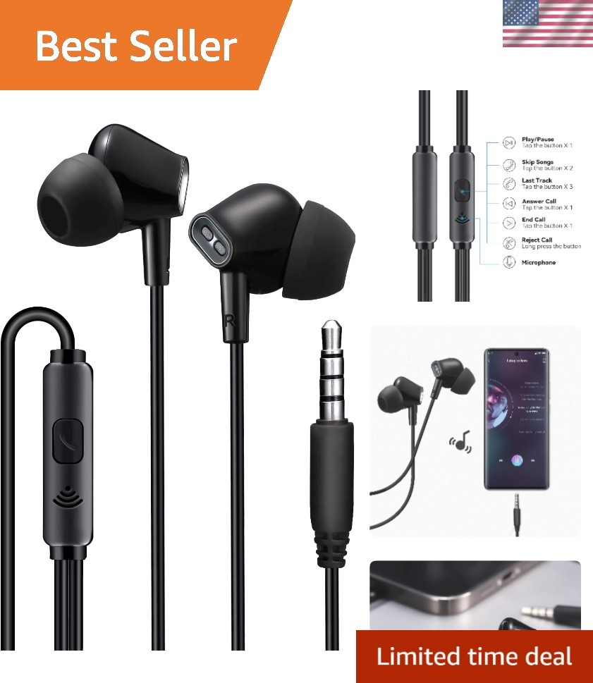 Stereo Bass Wired Earbuds with Tangle-Free Cord & Multifunctional Remote Control