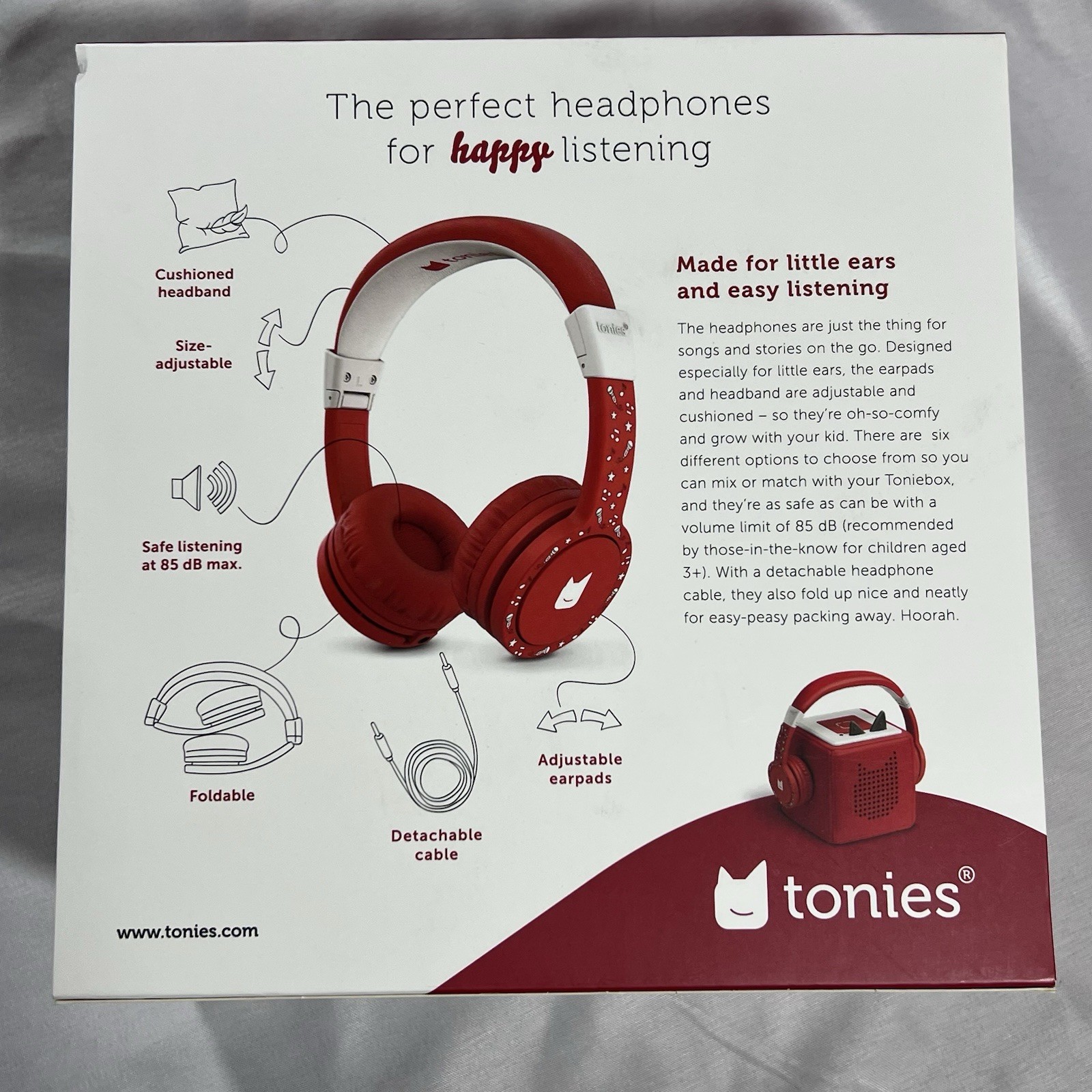 TONIES Red Headphones For Kids 3+ FOLD-N-GO ADJUSTABLE, 85 dB, New In Box