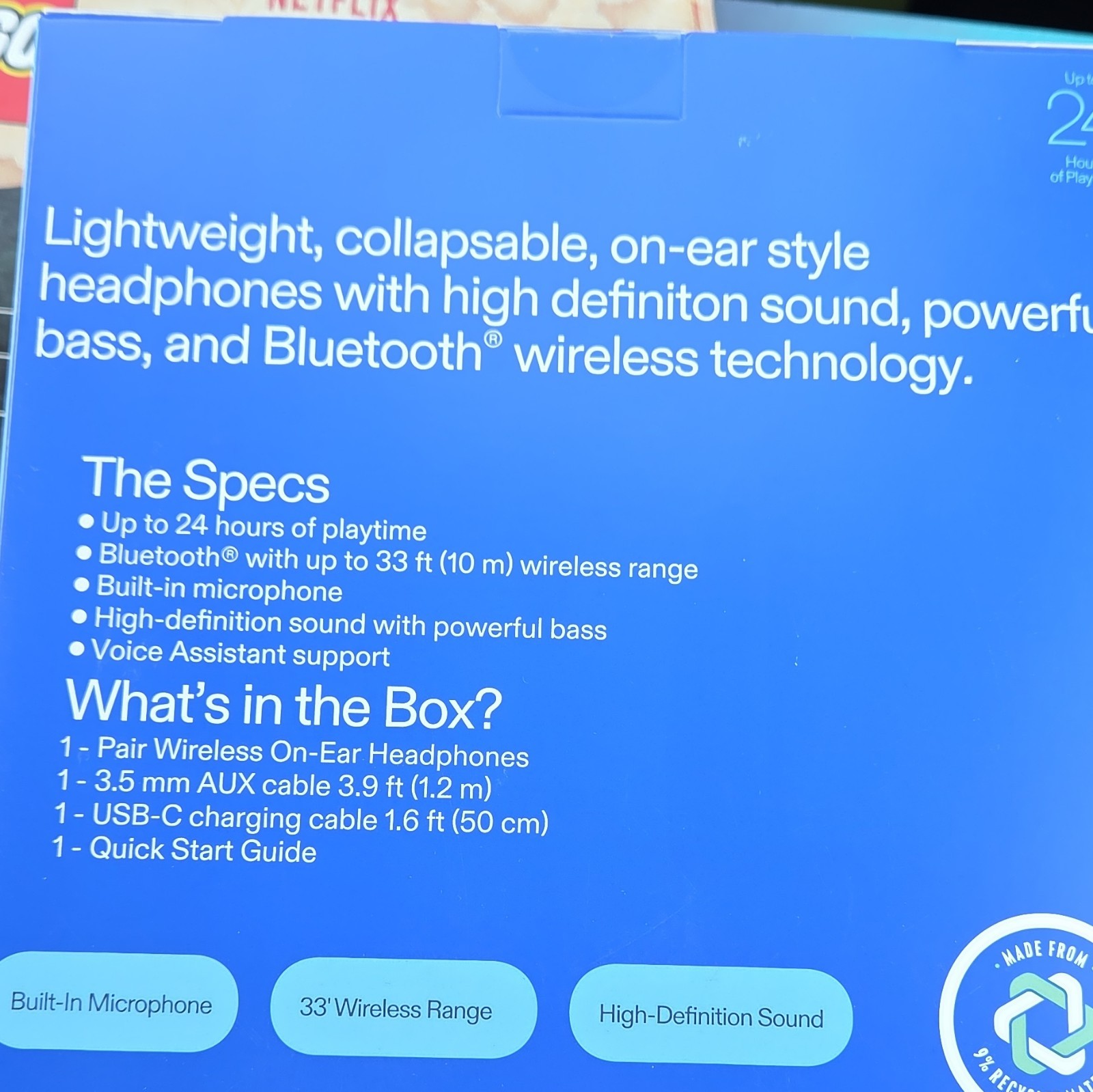 onn. on Bluetooth Wireless On-Ear Headphones w/ Mic, Foldable, Purple, 24 Hr