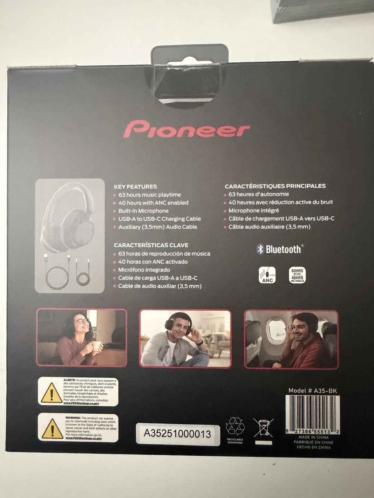 Pioneer A35-BK Wireless Bluetooth Over-Ear Headphones ANC Mic USB-C 3.5mm Black