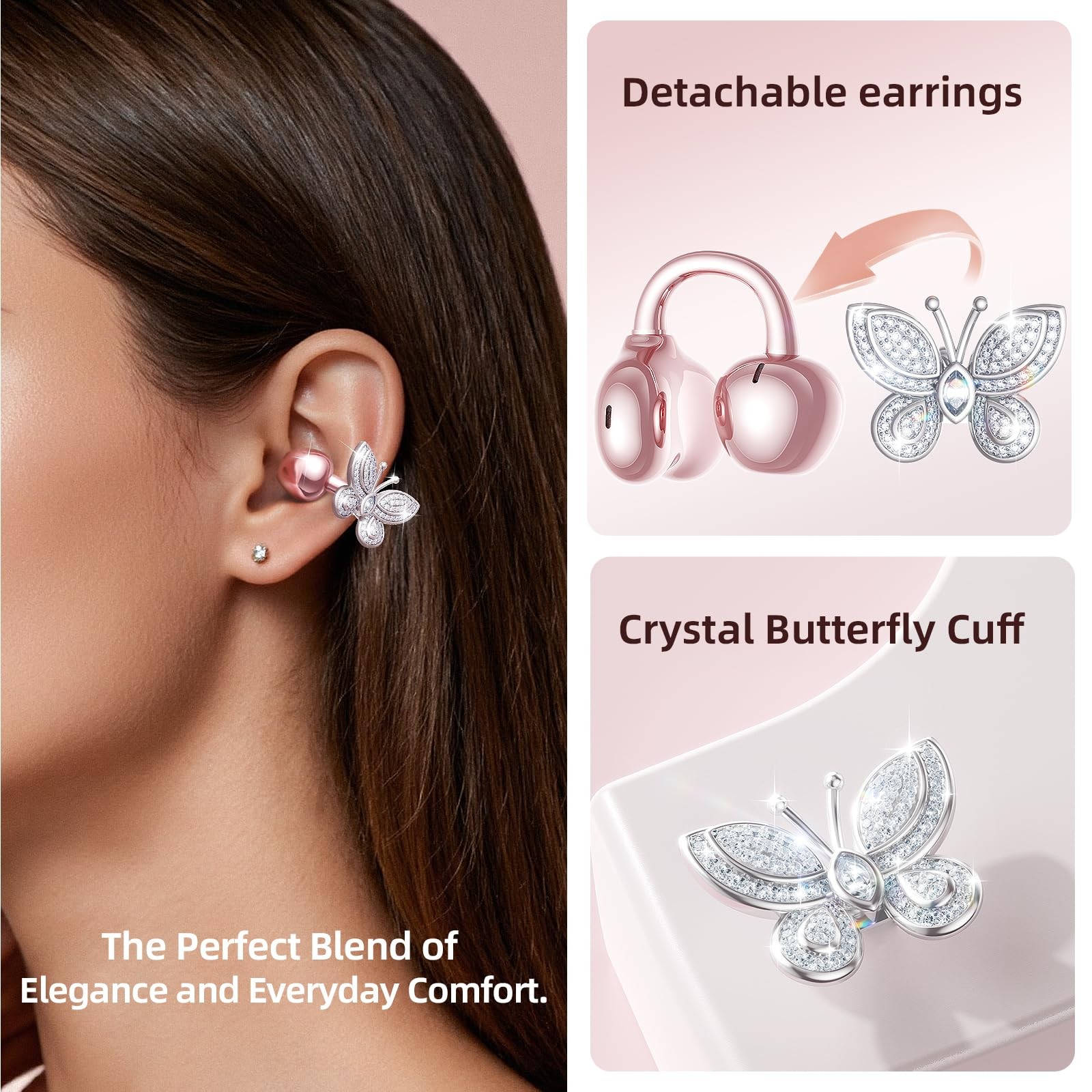 ClipFree Open-Ear Headphones with Butterfly Earrings, Ultra-Comfort & Snug Fi…