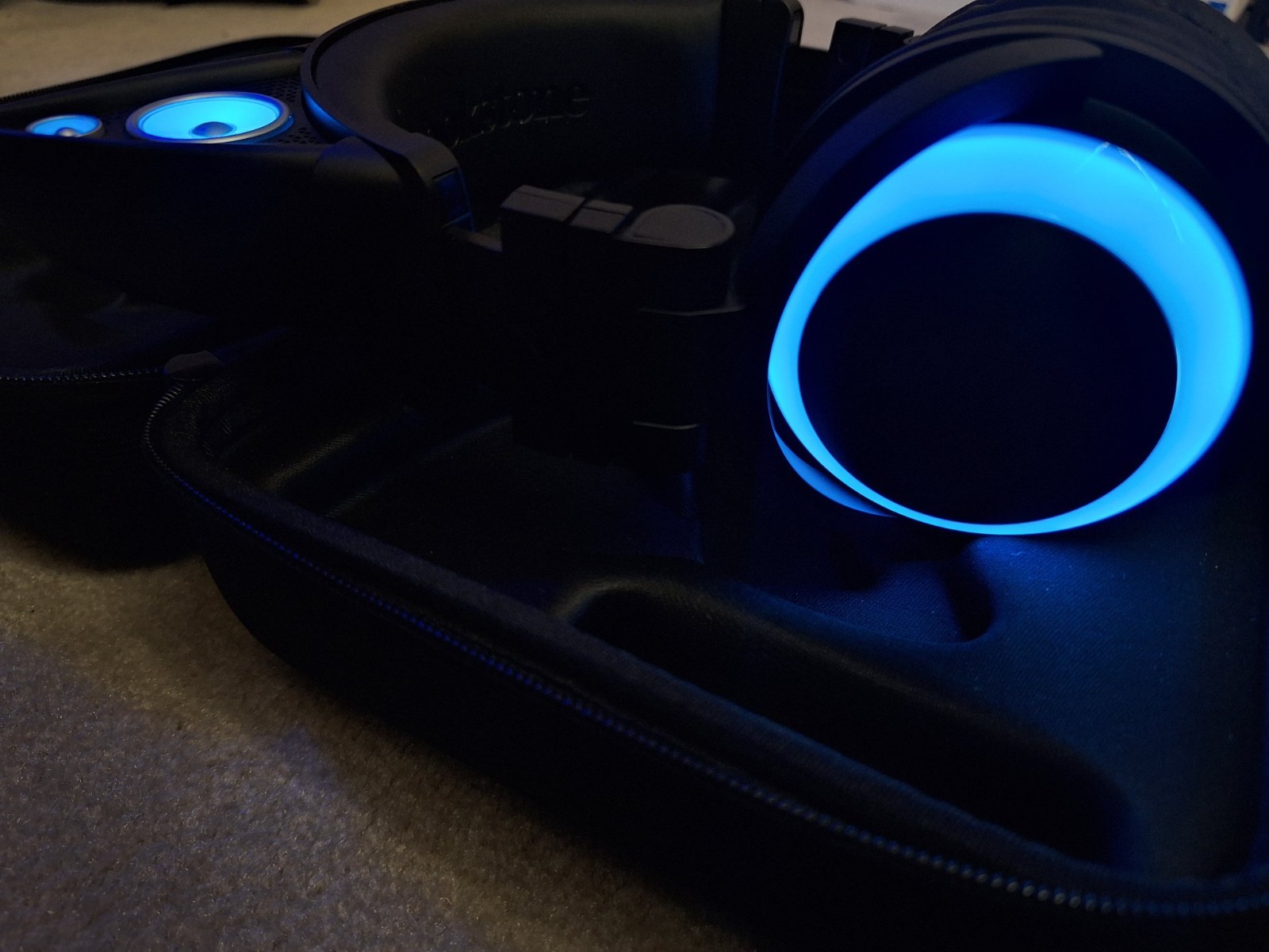Brookstone Cat Ear Wired Colored Headphones Hard Wired w/ Case Blue LED NO MIC