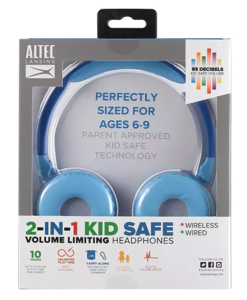 Altec Lansing 2-in-1 Bluetooth & Wired Kid-Safe Headphones Kid Safe Volume Blue