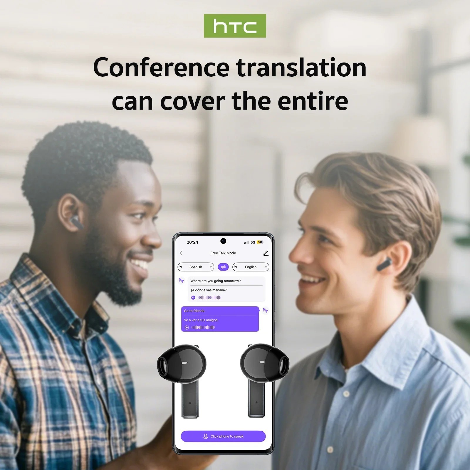 HTC NE20 Bluetooth 6.0 Earphones AI Translator Wireless Earbuds LCD Touch Sport