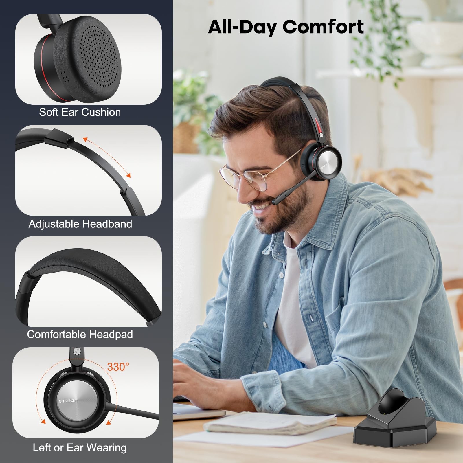 ENC Wireless Headset with Microphone for PC/Mobile, Bluetooth V5.2 Headset wi…
