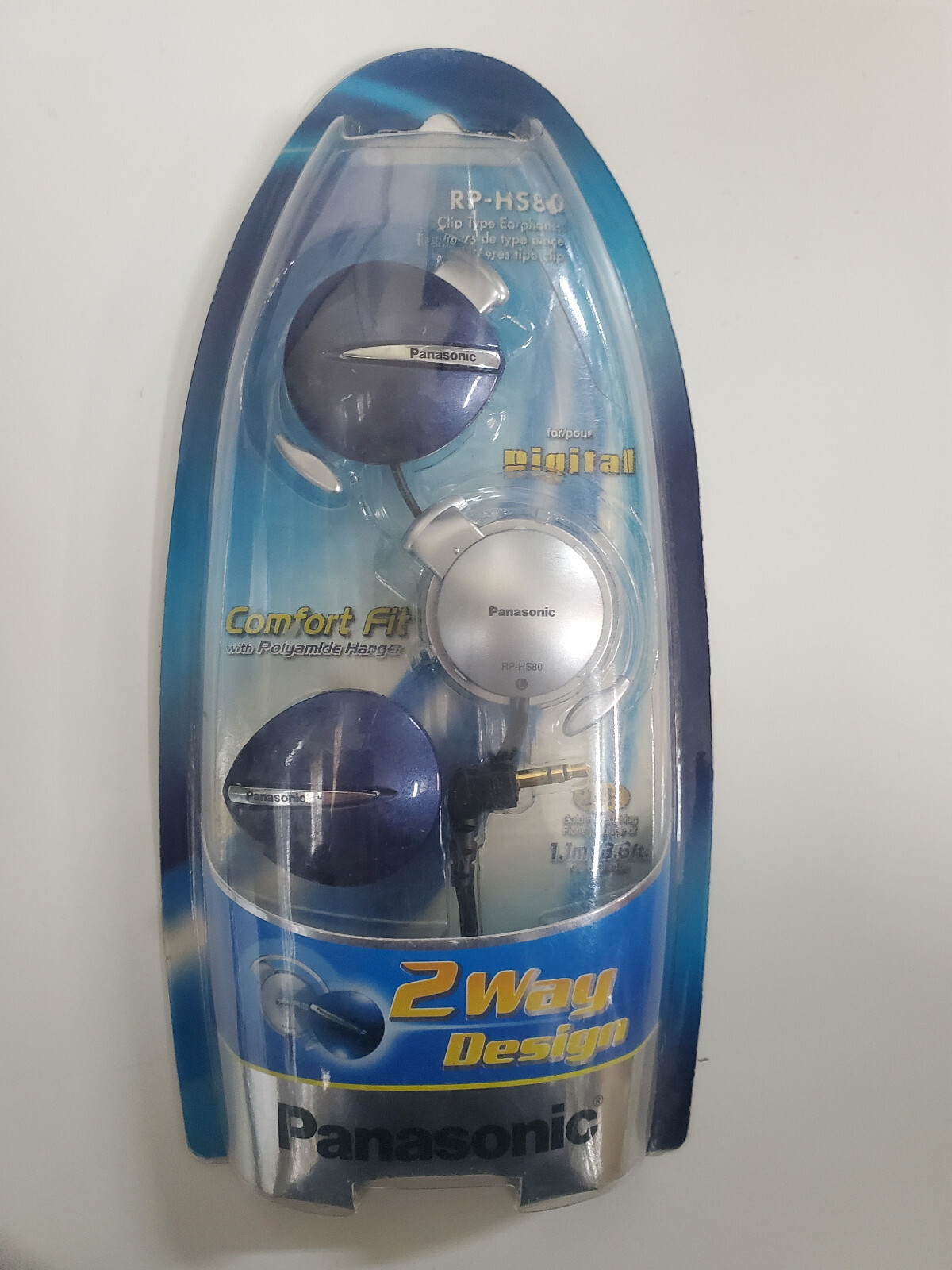 Vintage Panasonic RP-HS80 Clip type Earphone with Gold plated plug, Blue/Silver.