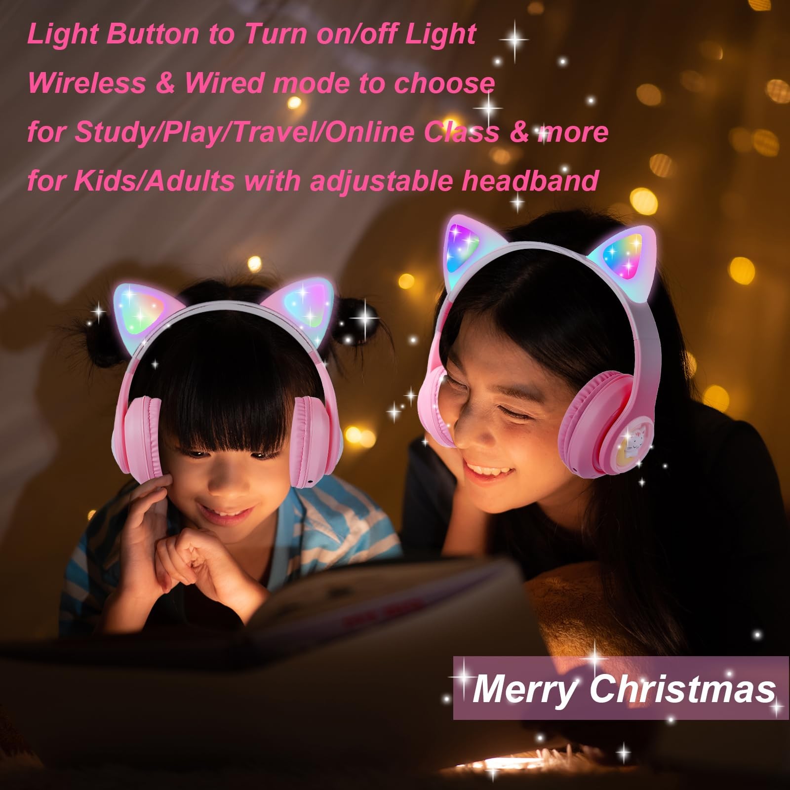 Cat Ear Kids Headphones Wireless, LED Light up Bluetooth Headphones with Micr…