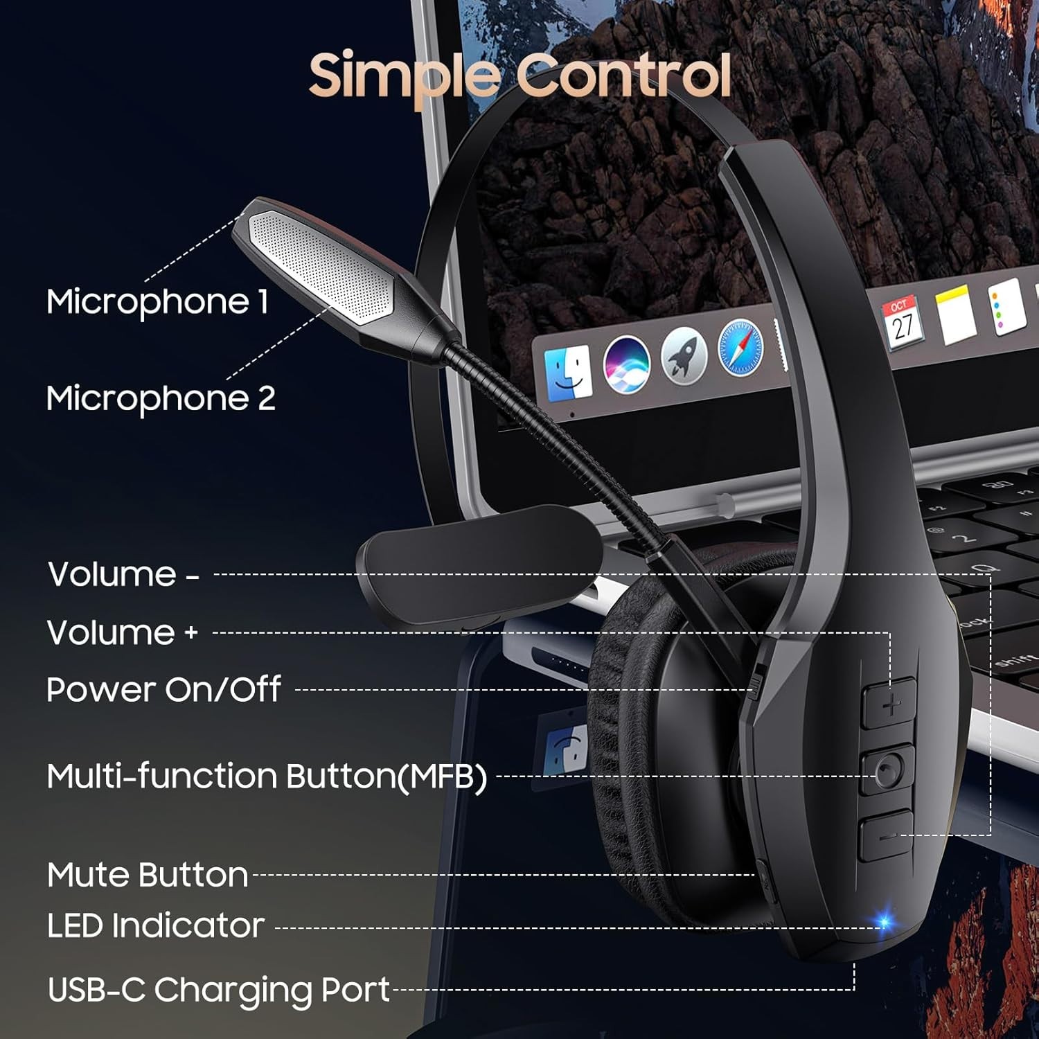 Trucker Bluetooth Headset, V5.2 Wireless Headset with Upgraded Black
