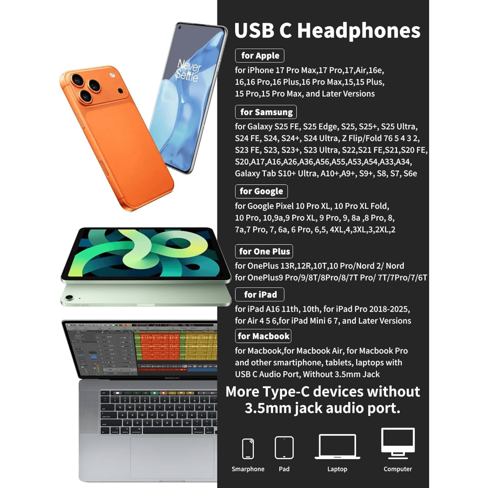 HGCXING USB C Over Ear Headphones Hook Wired Sport Earbuds Black